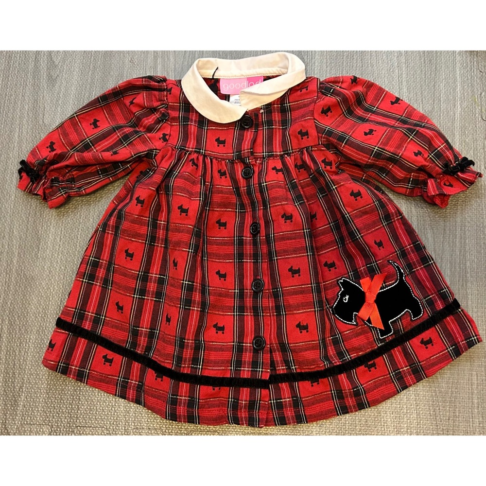 Good Lad Red Plaid Scottie Dog Dress Baby Girls 9 Months Puff Sleeve‎ Collared